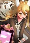  1girl absurdres alternate_costume angry animal_ear_fluff animal_ears bangs bent_over black_skirt blonde_hair blurry_foreground blush bow bowtie brown_hair cellphone collarbone deku_suke extra_ears ezo_red_fox_(kemono_friends) fang fox_ears fox_girl fox_tail gradient_hair hair_between_eyes hair_ornament hairclip highres holding holding_phone japari_symbol kemono_friends long_hair long_sleeves multicolored_hair open_mouth orange_eyes paper pen phone pleated_skirt pov pov_hands school_uniform serafuku skirt sleeves_past_wrists smartphone solo_focus tail text_messaging thighhighs v-shaped_eyebrows very_long_hair white_bow white_hair white_neckwear yellow_legwear zettai_ryouiki 