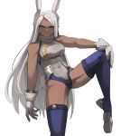  1girl animal_ears bangs biceps boku_no_hero_academia boots breasts bunny_ears bunny_tail crescent_print dark_skin fur_collar furrowed_eyebrows gloves hand_on_own_knee highleg highleg_leotard highres jourd4n leg_lift leg_up leotard long_hair looking_at_viewer mirko muscle muscular_female parted_bangs rabbit_girl red_eyes smile solo standing standing_on_one_leg superhero symbol_commentary tail tail_through_clothes taut_leotard thigh_boots thighhighs white_gloves white_hair white_leotard 