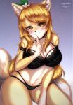  accessory anthro blonde_hair blush canid canine chenchen clothing collar dipstick_tail female finger_to_mouth flower flower_in_hair fluffy fluffy_tail fox hair hair_accessory hi_res inner_ear_fluff kneeling lace lingerie long_hair looking_at_viewer mammal markings multicolored_tail panties plant smile solo taoru_sukigami tuft underwear yellow_eyes 