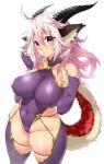  1girl absurdres blush breasts choker covered_navel covered_nipples cowboy_shot curvy dragon_girl dragon_horns dragon_tail elbow_gloves eyebrows_visible_through_hair fingerless_gloves gloves gold_trim groin highres horns large_breasts leotard light_purple_eyes light_purple_hair long_hair looking_at_viewer monster_girl onsoku_inu original plump scales simple_background skindentation slit_pupils smile solo standing string tail thick_thighs thighhighs thighs white_background 