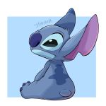 1:1 2020 alien black_eyes blue_background blue_body blue_fur blue_nose border claws digital_drawing_(artwork) digital_media_(artwork) disney experiment_(lilo_and_stitch) fur harara head_tuft hi_res lilo_and_stitch looking_away male notched_ear outside_border rear_view semi-anthro signature simple_background sitting small_tail solo stitch_(lilo_and_stitch) toe_claws tuft white_border 