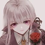  1girl bangs black_gloves black_jacket black_ribbon blunt_bangs braid brown_necktie closed_mouth collared_shirt danganronpa:_trigger_happy_havoc danganronpa_(series) eyebrows_visible_through_hair flower gloves grey_background grey_hair grey_shirt hair_ribbon highres jacket kirigiri_kyouko long_hair looking_at_viewer necktie open_clothes open_jacket portrait purple_eyes ribbon rose shiny shiny_hair shirt simple_background smile solo wny 