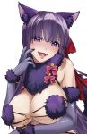 1girl absurdres animal_ears bangs bare_shoulders bb_(fate)_(all) bb_(fate/extra_ccc) blush breasts cleavage cosplay dangerous_beast elbow_gloves fate/extra fate/extra_ccc fate/grand_order fate_(series) fur-trimmed_gloves fur_collar fur_trim gloves hair_ribbon halloween_costume highres huge_filesize large_breasts long_hair looking_at_viewer mash_kyrielight mash_kyrielight_(cosplay) o-ring open_mouth purple_eyes purple_gloves purple_hair red_ribbon revealing_clothes ribbon sasso2kb simple_background smile tail very_long_hair white_background wolf_ears wolf_tail 