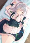  1girl absurdres apron blush bow braid breasts closed_eyes closed_mouth grey_hair hair_between_eyes hair_bow highres indoors izayoi_sakuya lying maid maid_apron maid_headdress on_back on_bed samayoi short_hair single_braid solo thighs touhou 