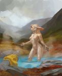  anthro breasts female fur genitals hair hi_res hot_spring jewelry lagomorph landscape leporid mammal mountain necklace nude outside painting partially_submerged pinguinolog pussy rabbit solo standing steam towel water wet white_body white_fur 