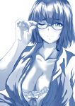  1girl absurdres bangs blush bra breasts cleavage closed_mouth collared_shirt dress_shirt eyebrows_visible_through_hair head_cha_la highres holding holding_eyewear lace lace_bra large_breasts looking_at_viewer monochrome one_eye_closed open_clothes open_shirt shinjou_akane shirt short_hair smile ssss.gridman sweat underwear white_background 