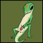  1:1 anthro black_border bodily_fluids border feral gecko geico geico_gecko genital_fluids genitals half-closed_eyes hi_res lizard lying male mascot muffinlewds narrowed_eyes nipples on_back penis reptile scalie smile solo solo_focus spread_legs spreading 