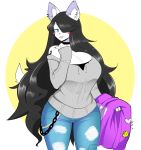  2020 anthro big_breasts black_hair blep blue_eyes blush blush_stickers bottomwear breasts canid canine canis cleavage clothed clothing denim denim_clothing domestic_dog ear_piercing ear_ring female fully_clothed hair hair_over_eye hi_res inner_ear_fluff jeans long_hair looking_at_viewer maggie_applebee mammal off_shoulder one_eye_obstructed pants piercing solo sweater theycallhimcake tongue tongue_out topwear tuft 