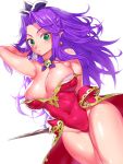  1girl absurdres angela_(seiken_densetsu_3) arm_behind_back arm_up armpits bangs blush breasts cleavage closed_mouth covered_navel crown detached_collar earrings elf forehead gem green_eyes groin hand_in_hair highleg highleg_leotard highres jewelry large_breasts leotard long_hair looking_at_viewer onsoku_inu parted_bangs pink_leotard pointy_ears purple_hair seiken_densetsu seiken_densetsu_3 skindentation solo staff strapless strapless_leotard thighs very_long_hair waist_cape 