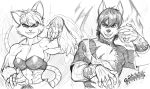 anthro bandage canid canine canis chris_hayabusa clothing confident crystal duo facing_viewer female fighting_pose fire grin hair hi_res male mammal martial_arts martial_arts_uniform monochrome muscular muscular_female olympia_(rivals_of_aether) pltnm06ghost pose rodent short_hair signature simple_background sketch smile sparkles sportswear topwear tube_top wolf wristguard 