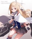  1girl a.a_(aa772) american_flag_legwear azur_lane bangs black_gloves black_skirt blonde_hair blue_shirt blurry blurry_background cannon cape character_name cleveland_(azur_lane) closed_mouth commentary_request depth_of_field eyebrows_visible_through_hair fingerless_gloves gloves gradient gradient_background grey_background hair_ornament highres kneehighs long_hair looking_at_viewer one_side_up parted_bangs pleated_skirt red_eyes shirt short_sleeves skirt solo turret v-shaped_eyebrows very_long_hair white_background white_cape 