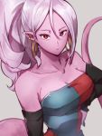  1girl adapted_costume alternate_hairstyle android_21 bare_shoulders breasts cleavage closed_mouth collarbone dragon_ball dragon_ball_fighterz earrings hoop_earrings jewelry kemachiku long_hair looking_at_viewer majin_android_21 medium_breasts pink_skin pointy_ears ponytail red_eyes solo 