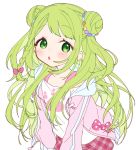  1girl :o bangs blush bow braid commentary double_bun drawstring eyebrows_visible_through_hair green_eyes green_hair hair_bow hood hood_down hooded_jacket jacket long_hair looking_at_viewer morinaka_kazaki nijisanji off-shoulder_shirt off_shoulder open_clothes open_jacket parted_lips pink_bow pink_jacket plaid plaid_skirt polka_dot polka_dot_bow shirt simple_background skirt solo swept_bangs very_long_hair virtual_youtuber white_background white_shirt yamabukiiro 