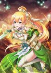  1girl :d bangs blonde_hair boots braid breasts cleavage commentary_request dress elbow_gloves floating_hair gloves green_dress green_eyes hair_ornament hands_up high_ponytail holding holding_sword holding_weapon large_breasts leafa leg_up long_hair looking_at_viewer myudon18 open_mouth outdoors pointy_ears ponytail single_bare_shoulder smile solo sparkle sword sword_art_online thigh_boots thighhighs twin_braids upper_teeth very_long_hair weapon white_footwear white_legwear 