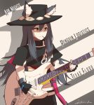  1girl album_cover animal_ears arknights black_hair character_name commentary cover cowboy_hat english_commentary english_text fingerless_gloves food food_in_mouth gloves guitar hat highres instrument namesake parody penguin_logistics_(arknights) pocky pun shinkuro_sanagi solo stevie_ray_vaughan strap_slip texas_(arknights) wolf_ears yellow_eyes 
