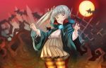  1girl bat cape comah cowboy_shot eyebrows_visible_through_hair fangs fingernails full_moon grey_hair grey_skirt hair_ribbon halloween halloween_costume highres kantai_collection kasumi_(kantai_collection) long_hair long_sleeves moon nail_polish open_mouth orange_ribbon pantyhose pleated_skirt red_nails ribbon sharp_fingernails shirt side_ponytail skirt solo striped striped_legwear suspender_skirt suspenders white_shirt yellow_eyes 