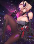  1girl alternate_costume areola_slip areolae azur_lane bangs bare_shoulders black_dress black_legwear breasts covered_nipples dress eyebrows_visible_through_hair frilled_dress frills hair_between_eyes hair_ornament hand_up high_heels highres iron_cross knee_up looking_at_viewer multicolored_hair no_bra panties panties_under_pantyhose pantyhose parted_lips purple_ribbon red_hair ribbon roon_(azur_lane) roon_(muse)_(azur_lane) short_hair skindentation sleeveless solo streaked_hair supurai thighs underwear x_hair_ornament 