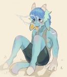  animal_crossing anthro blue_body blue_fur blue_hair blush bodily_fluids bottomwear bovid bukkake caprine clothed clothing cum cum_on_face fully_clothed fur genital_fluids goat hair hi_res hooves horn kowabunga male mammal nintendo sherb_(animal_crossing) shirt shorts sitting solo tank_top tongue tongue_out tongueout topwear video_games 