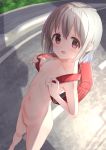  1girl backpack bag breasts commentary_request day dutch_angle grey_hair kohshibasaki looking_at_viewer navel nipples nude open_mouth original outdoors public_nudity randoseru red_eyes road shade short_hair small_breasts solo 