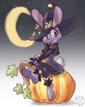  2020 ac_doodlebot anthro buckteeth clothed clothing disney female food fruit fully_clothed fur grey_body grey_fur halloween halloween_costume hat headgear headwear hi_res holidays judy_hopps lagomorph leporid mammal moon open_mouth open_smile plant pumpkin purple_eyes rabbit sitting smile solo teeth witch_hat zootopia 