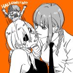  3girls bangs bare_shoulders black_eyepatch black_eyes black_neckwear black_shirt blush braid braided_ponytail brain breasts business_suit chainsaw_man collared_shirt cosmo_(chainsaw_man) couple demon_girl eyelashes finger_in_another&#039;s_mouth formal hair_between_eyes halloween hand_on_another&#039;s_chin head_tilt heart heart-shaped_pupils highres long_hair long_sleeves makima_(chainsaw_man) medium_breasts monochrome multiple_girls necktie office_lady open_mouth orange_background ponytail quanxi_(chainsaw_man) ringed_eyes romance shirt shouting sleeveless sleeveless_shirt smalltung suit symbol-shaped_pupils tank_top white_shirt wife_and_wife yuri 