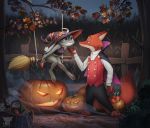  2020 anthro barefoot canid canine carrot clothing crosscat detailed_background disney duo female fence food fox fur grey_body grey_fur halloween halloween_costume hat headgear headwear holding_object holidays jack-o&#039;-lantern judy_hopps lagomorph leaf leporid light lighting looking_at_another male mammal nick_wilde orange_body orange_fur plant rabbit red_fox signature sitting smile standing tree vegetable witch_hat zootopia 