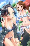  2girls :d :o absurdres alolan_exeggutor alolan_form aqua_eyes ass_visible_through_thighs asymmetrical_bangs asymmetrical_hair bangs bare_shoulders beach bikini black_hair black_jacket black_nails blue_bikini blue_sky blush bob_cut breasts brown_eyes brown_hair cleavage collarbone commentary_request cowboy_shot cup day eyebrows_visible_through_hair forehead frilled_bikini frills gen_7_pokemon gen_8_pokemon glint gloria_(pokemon) groin hair_between_eyes hair_ribbon hand_on_own_cheek hand_on_own_thigh highres holding holding_cup jacket leaning_forward lens_flare light_rays long_sleeves looking_at_another marnie_(pokemon) medium_hair midriff morpeko morpeko_(full) multiple_girls navel o-ring o-ring_bikini ocean off-shoulder_jacket open_mouth outdoors pokemon pokemon_(creature) pokemon_(game) pokemon_swsh red_ribbon ribbon shaved_ice short_hair side-tie_bikini sidelocks sky small_breasts smile sobble standing steenee sunbeam sunlight swept_bangs swimsuit syka_(hariusyka) tree twintails two-tone_bikini undercut water_gun_(pokemon) 