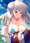  1girl absurdres alternate_costume aqua_bikini azur_lane ball bangs beach_umbrella beachball bikini blue_sky blunt_bangs braid braided_bun breast_press breasts choker cleavage cloud collarbone day double_bun eyebrows_visible_through_hair feather_boa formidable_(azur_lane) formidable_(the_lady_of_the_beach)_(azur_lane) highres large_breasts leaf leaning_forward liya long_hair multi-strapped_bikini orange_eyes outdoors palm_tree platinum_blonde_hair red_choker single_thighhigh skindentation sky solo swimsuit thighhighs tree twin_braids umbrella white_legwear 