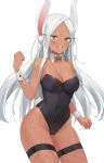  1girl absurdres alternate_costume animal_ears bangs bare_shoulders black_leotard blush boku_no_hero_academia bow bowtie breasts brown_eyes bunny_ears bunny_tail cleavage collarbone covered_navel cowboy_shot dark_skin detached_collar fishnet_legwear fishnets gloves grey_hair groin haeil2 hand_up highres large_breasts leotard long_hair looking_at_viewer mirko parted_bangs parted_lips playboy_bunny rabbit_girl red_bow red_eyes simple_background smile solo strapless strapless_leotard tail teeth thighhighs thighs white_background white_hair wrist_cuffs 
