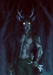  2020 abs absurd_res anthro antlers black_nose blood bodily_fluids cervid clothed clothing digital_media_(artwork) hair hi_res horn male mammal nelly63 solo standing topless 