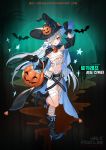  1girl :q armpit_peek bandage_over_one_eye basket bat belt black_footwear black_gloves black_headwear black_sleeves boots breasts budget_sarashi cape closed_mouth detached_sleeves floating_hair full_body girls_frontline gloves gun haijin hair_over_one_eye halloween hand_on_headwear handgun hat high_heel_boots high_heels highres holding holding_gun holding_weapon leg_up long_hair long_sleeves looking_at_viewer medium_breasts navel official_art pistol pumpkin red_eyes sarashi silver_hair skindentation smile solo stomach tokarev_(girls_frontline) tokarev_tt-33 tongue tongue_out trigger_discipline very_long_hair waist_cape weapon wide_sleeves witch_hat 