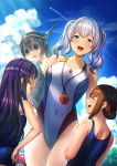  4girls @_@ abyssal_ship akatsuki_(kantai_collection) anchor_symbol black_hair blue_eyes blue_swimsuit blush breasts brown_hair closed_eyes cloud collarbone commentary_request competition_swimsuit day enemy_lifebuoy_(kantai_collection) eyebrows_visible_through_hair folded_ponytail hair_between_eyes headgear inazuma_(kantai_collection) kantai_collection kashima_(kantai_collection) large_breasts long_hair multiple_girls nagato_(kantai_collection) one-piece_swimsuit open_mouth purple_eyes purple_hair school_swimsuit shaded_face short_hair silver_hair sky smile swimsuit twintails unowen 
