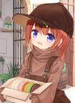  1girl :d bangs baseball_cap blue_eyes blush box brown_hair brown_headwear brown_sweater eyebrows_visible_through_hair hair_between_eyes hat holding holding_box long_hair long_sleeves looking_at_viewer open_mouth original overalls pastry_box puffy_long_sleeves puffy_sleeves red_girl_(yuuhagi_(amaretto-no-natsu)) sidelocks sleeves_past_wrists smile solo sweater turtleneck turtleneck_sweater yuuhagi_(amaretto-no-natsu) 