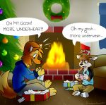  all_caps annoyed anthro black_clothing black_shirt black_topwear blue_clothing blue_shirt blue_sweater blue_topwear blue_underwear bottomwear boxer_briefs brick briefs brown_body brown_fur canid canine canis cervid christmas christmas_tree christmas_wreath clothed clothing darwin_(tinydeerguy) dialogue domestic_dog duo english_text fire footwear fully_clothed fur furniture gift green_eyes hi_res holidays hoodie inside khaki_pants legwear male mammal matt_riskely open_mouth pants red_clothing red_underwear shirt smile socks sofa surprise sweater text tinydeerguy tongue tongue_out tongue_showing topwear tree underwear white_clothing white_legwear white_socks wrapping 