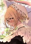  1girl blonde_hair blush glasses maid maid_headdress natsupoi open_mouth original solo umbrella 