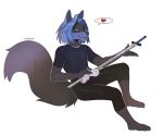  &lt;3 2020 4_toes 5_fingers anthro black_body black_fur blue_eyes blue_hair canid canine canis clothed clothing digital_media_(artwork) eihman fingers fur hair male mammal simple_background sitting smile solo toes white_background wolf 