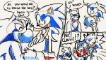  2015 anthro biped black_eyes blue_body blue_fur bodily_fluids carrying classic_sonic classic_sonic_(universe) clothing comic dialogue drawloverlala english_text eulipotyphlan eyes_closed footwear fur gloves green_eyes group handwear hedgehog humor in_mouth male mammal open_mouth open_smile red_clothing red_footwear red_shoes shoes smile sonic_the_hedgehog sonic_the_hedgehog_(series) sonic_the_werehog sonic_unleashed speech_bubble square_crossover surprise sweat text were wereeulipotyphlan werehog white_clothing white_gloves 
