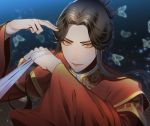  1boy beaugi black_hair brown_eyes bug butterfly chinese_clothes highres insect long_hair looking_at_viewer solo tian_guan_ci_fu upper_body wide_sleeves 