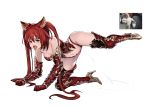  1girl absurdres all_fours animal_ears armored_boots boots breasts cerberus_(shingeki_no_bahamut) dog_ears gauntlets granblue_fantasy high_heel_boots high_heels highres johnblack leg_lift long_hair medium_breasts peeing red_hair reference_photo solo tongue tongue_out twintails very_long_hair 
