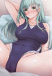  1girl :o aqua_eyes aqua_hair arm_behind_head armpits blue_swimsuit blush breasts cameltoe collarbone competition_swimsuit covered_navel cushion green_eyes groin hair_ornament hairclip kantai_collection large_breasts long_hair looking_at_viewer one-piece_swimsuit open_mouth shohei_(piranha5hk) sitting solo spread_legs suzuya_(kantai_collection) swimsuit 