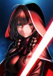  1girl ahoge bangs braid breasts brown_eyes brown_hair capelet energy_sword hair_ribbon hood hood_up hooded_capelet kantai_collection large_breasts lightsaber lips long_hair parody ribbon shinshuu_maru_(kantai_collection) sith solo star_wars sword twin_braids unowen upper_body weapon 