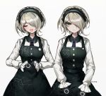 1girl :d bangs black_dress black_gloves blonde_hair breasts clenched_hands closed_eyes closed_mouth collared_shirt commentary_request cowboy_shot dalrye_v3 danganronpa dress facing_viewer frills gloves green_eyes grey_background hair_over_one_eye hairband large_breasts long_sleeves looking_at_viewer maid_headdress multiple_views necktie new_danganronpa_v3 open_mouth pinafore_dress shirt short_hair simple_background smile spider_web_print toujou_kirumi twitter_username 