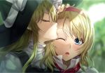  2girls ;o akane_hazuki alice_margatroid bangs black_headwear blonde_hair blue_eyes blurry blurry_background blush closed_eyes closed_mouth commentary_request depth_of_field eyebrows_visible_through_hair hairband hand_on_another&#039;s_head hat imminent_kiss kirisame_marisa multiple_girls one_eye_closed open_mouth profile red_hairband red_neckwear short_hair touhou upper_body witch_hat yuri 