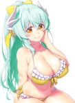  1girl bikini blue_bikini blush bow breasts cleavage collarbone commentary_request curvy dragon_horns eyebrows_visible_through_hair fate/grand_order fate_(series) frilled_bikini frills green_hair hair_bow highres horns kiyohime_(fate/grand_order) large_breasts long_hair looking_at_viewer navel onsoku_inu orange_eyes ponytail simple_background sitting smile solo swimsuit white_background yellow_bikini yellow_bow 