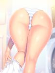  1girl a.x. ass bent_over indoors kneepits laundry original panties shiny shiny_skin skirt skirt_around_one_leg solo sweat thighs underwear undressing 