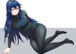  1girl ameno_(a_meno0) arm_support bangs black_legwear blue_eyes blue_hair blush bodysuit_under_clothes breasts fire_emblem fire_emblem_awakening full_body gold_trim grey_background hair_between_eyes knees_together_feet_apart legs long_hair long_sleeves looking_at_viewer lucina_(fire_emblem) no_shoes pantyhose shiny shiny_clothes shirt sidelocks sleeveless sleeveless_shirt small_breasts solo thighs tiara two-tone_background white_background 