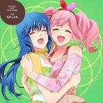  2019 2girls :d blue_hair breast_press breasts cleavage closed_eyes collarbone facing_viewer floating_hair green_background highres hug kutsuno long_hair long_sleeves lynn_minmay macross macross:_do_you_remember_love? macross_delta makina_nakajima multiple_girls off-shoulder_shirt off_shoulder open_mouth pink_hair pink_shirt shirt signature small_breasts smile symmetrical_docking very_long_hair 