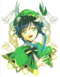  1boy black_hair blue_hair braid commentary feathers flower gem genshin_impact gradient_hair green_eyes green_headwear hat looking_at_viewer male_focus multicolored_hair open_mouth petals ribbon simple_background smile solo toniomi twin_braids upper_body venti_(genshin_impact) white_background 