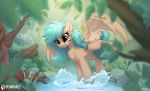  2020 brown_body detailed_background equid equine eyelashes feardakez feathered_wings feathers female feral green_hair hair livinthelife0friley looking_down mammal outside pegasus rock smile solo tree water wings 