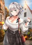  1girl bag blush breasts cleavage collarbone commentary_request green_eyes handbag highres hololive large_breasts looking_at_viewer nakura_haru outdoors plaid plaid_skirt ribbed_sweater shirogane_noel short_hair signature silver_hair skirt smile solo sweater virtual_youtuber 